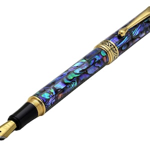 Xezo Maestro Handcrafted Fountain Pen. All Paua Sea Shell, 18K Gold Plated with Screw-On Cap. No Two Pens Alike. Fine Nib