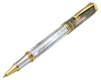 Xezo Maestro Rollerball Pen, Fine Tip. Black and White Mother of Pearl Inlay. 18K Gold Plated. Handmade & Limited Edition