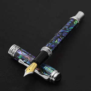 Xezo Maestro Fountain Pen, Medium Nib. Natural Abalone Sea Shell Inlay. Pure Platinum Plated Brass. Handmade & Limited Edition