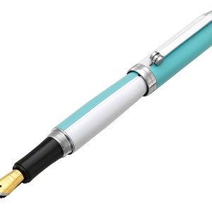 Xezo Visionary Fountain Pen, Medium Nib. Sky Blue & White Colorblock Design, Hand-Painted Enamel. Chrome Plated. Handmade, Limited Edition