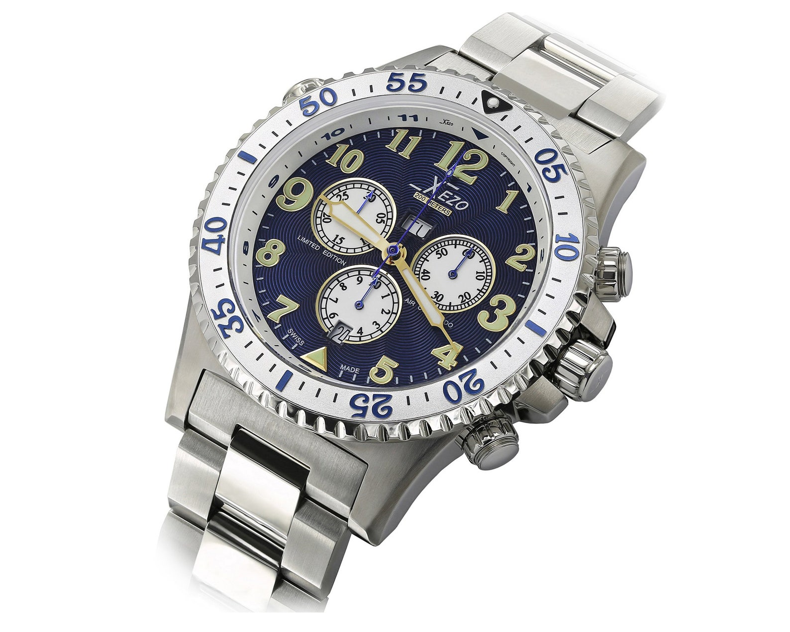 Xezo Air Commando D45 BUR Wrist Watch, Stainless Steel Band and Case, Swissmade Ronda 5040