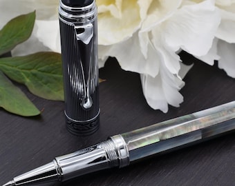 Xezo Maestro Rollerball Pen, Fine Tip. Black Mother of Pearl Inlay. Chrome Plated. Handmade & Limited Edition