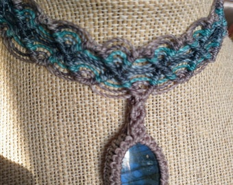 Wrapped labradorite choker with turquoise and grey threads