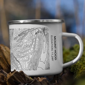 Tasse en émail Mount Hood avec lignes topographiques d’élévation | Tasse de camping Mount Hood Oregon | Tasse en métal pour randonneurs, grimpeur, souvenir du sommet