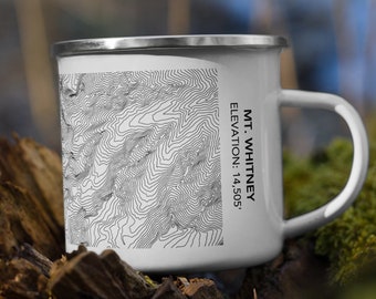 Tazza smaltata Monte Whitney con linee di contorno in elevazione / Tazza da campeggio Monte Whitney California / Tazza in metallo per escursionisti, scalatori, Tazza all'aria aperta