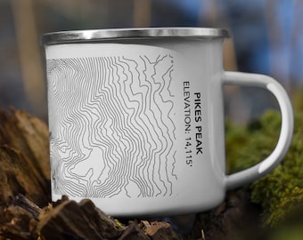 Pikes Peak Enamel Mug with Elevation Topography lines | Pikes Peak Colorado Camping Mug | Metal Mug for Hikers, Climbers, Summit Souvenir