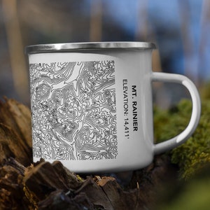Mount Rainier Emaille-Tasse mit Höhenlinien | Mount Rainier Washington Camping Tasse | Metallbecher für Wanderer, Kletterer, Outdoorsy Becher