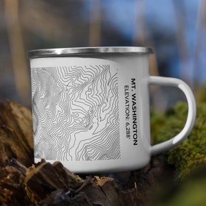 Tasse en émail du mont Washington avec lignes topographiques d’élévation | Tasse de camping du mont Washington | Tasse pour les randonneurs, cadeau souvenir du sommet des grimpeurs