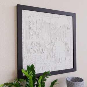 May include: A black framed print of a white and gray map of a city. The map is detailed and shows the streets, buildings, and parks of the city.