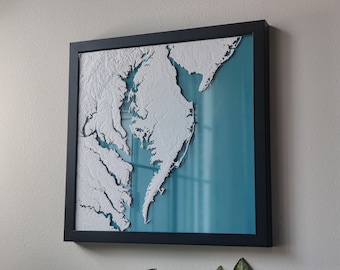 Chesapeake Bay Map | 3D Chesapeake Bay Print | Maryland Beach Art | Delaware Map for Vacation House | Virginia Beach Shore House Decor