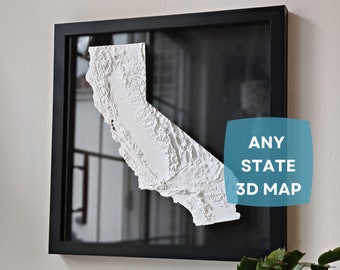 3D State Map Wall Art | 3D Printed Terrain and Topography Map | State Map for Home Office Gift | Custom Relief State Map | Framed Wall Art