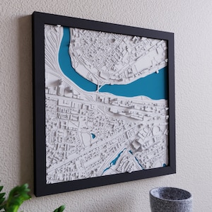 May include: A white 3D relief map of a city with a blue river running through it. The map is framed in black and mounted on a white wall.