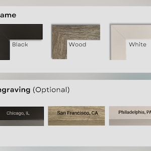 options for frame color and engraving type. small images of the corner of the frame of each color including black, grey wood, and white. engraving example are also shown with the name of a city engraved on the different frame colors