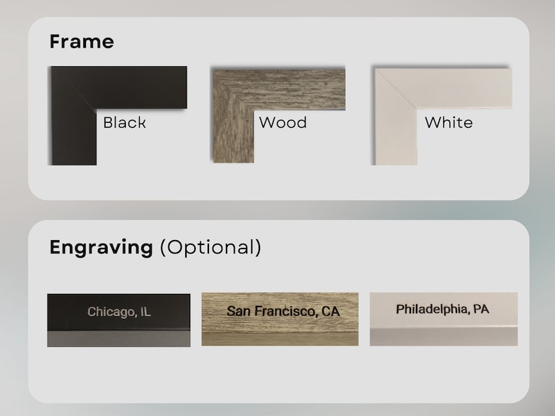 options for frame color and engraving type. small images of the corner of the frame of each color including black, grey wood, and white. engraving example are also shown with the name of a city engraved on the different frame colors