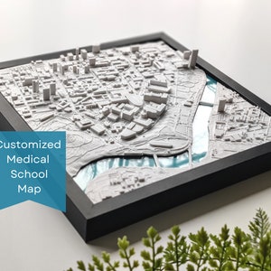 May include: A white 3D printed map of a city with a river running through it. The map is framed in black and has the text "Customized Medical School Map" on the bottom left corner.