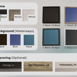 grid of color options for the frames and water. Grid shows black, wood, and white corners of the frame as well as the black, blue, and aqua options for the water. Engraving options are also shown on the different frame types