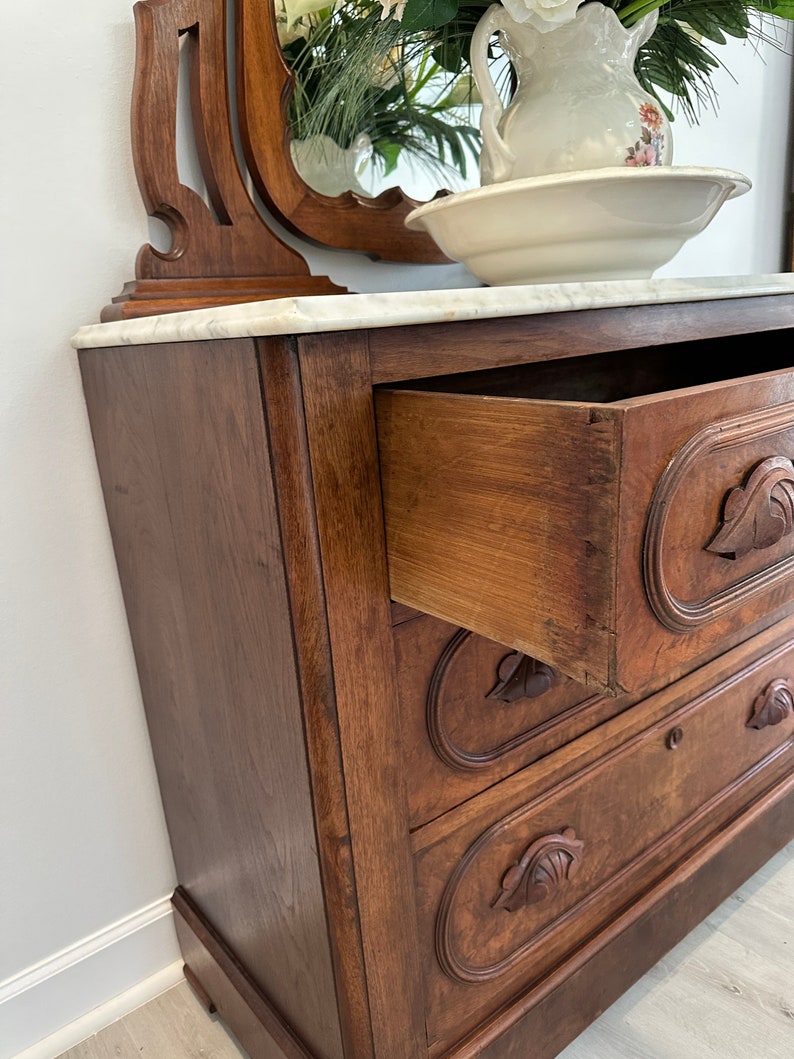 Antique Eastlake Victorian Carved Walnut Marble Top Dresser Etsy
