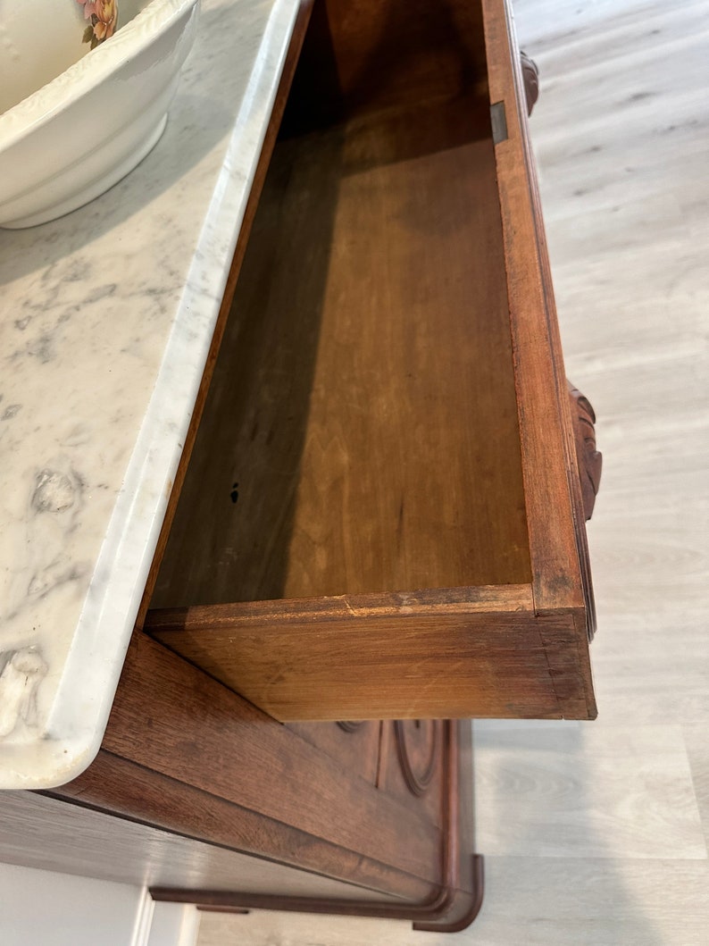 Antique Eastlake Victorian Carved Walnut Marble Top Dresser Etsy