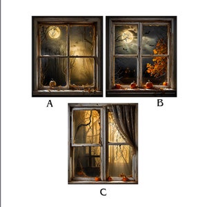 May include: Three vintage-style windows with a Halloween theme. Each window has a different scene with a full moon, trees, and pumpkins. The windows are framed in wood with a distressed paint finish.