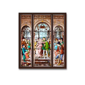 Miniature Faux Stained Glass Window, 3 Panel Window Printed on Paper and Mounted on Chip Board for Dioramas and Doll Houses