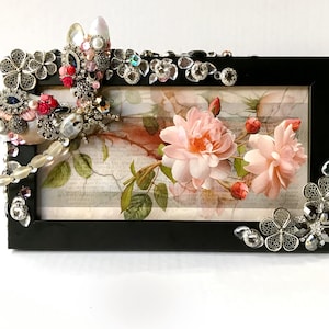 Dragonfly Frame with Recycled Jewelry, Repurposed Jewelry Art, Shabby Chic Photo Frame, One of a Kind Picture Frame, Shipping Included