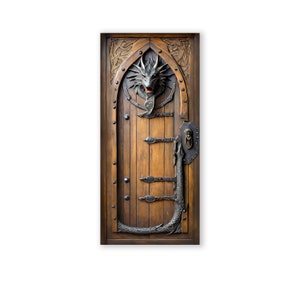 May include: A wooden door with a dragon head knocker and a dragon tail handle. The door is brown with black metal accents.