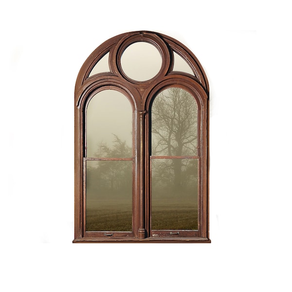 Miniature Arched Moody Faux Window, Paper Window Reproduction Mounted on Chip Board for Doll Houses, Room Boxes and Dioramas