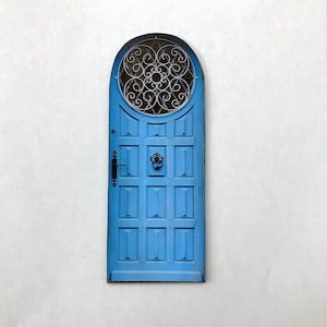 Faux Blue Door with Iron Work, Doll or Fairy House Decorator Doors, Paper Door Mounted on Chip Board