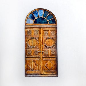 Faux Carved Door with Glass, Paper Door Reproduction Mounted on Chip Board