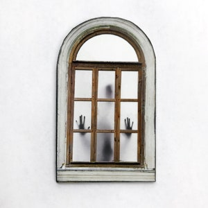 Faux Spooky Paper Window Mounted on Chip Board, Miniature Arched Old Window, Doll and Fairy House Windows, Diorama Windows