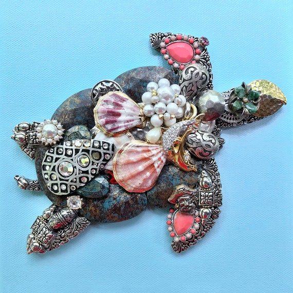 Mixed Media 8 x 8 inch Turtle Jewelry Art sea turtle tropical beach art turtle art vintage recycled jewelry art repurposed jewelry
