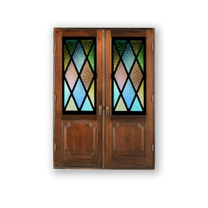 miniature faux double door/door printed on paper/stained glass door/doll house doors/diorama doors/fake doors/fairy house doors