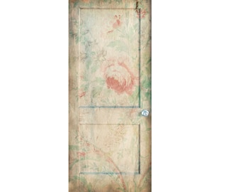 May include: A vintage wooden door with a floral pattern in shades of pink, green, and beige. The door has a single knob and a simple design.
