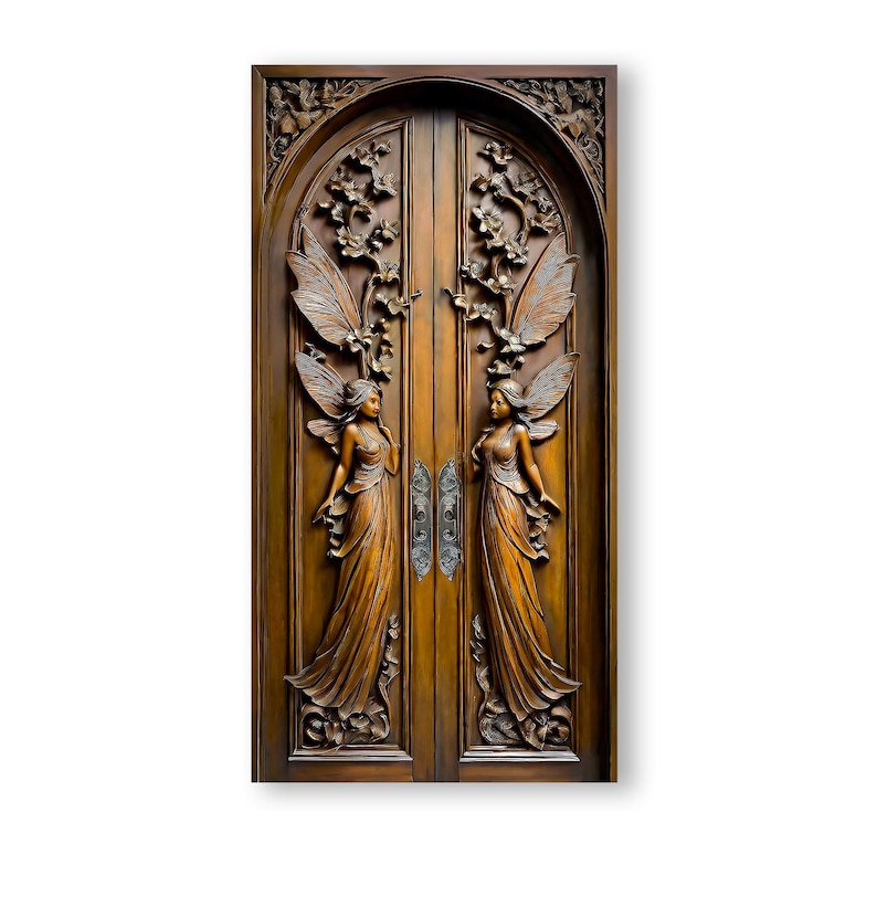 May include: A pair of intricately carved wooden doors with a dark brown finish. The doors feature a decorative archway and two female figures with wings carved into the wood.