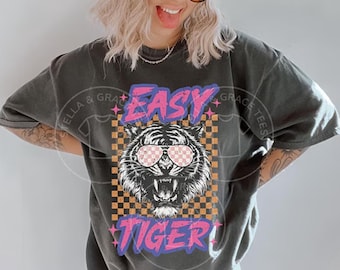Retro 80s Tiger Graphic Tee: Comfort Colors® Easy Tiger Oversized T-Shirt