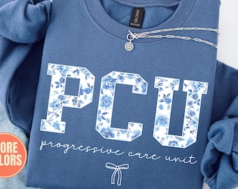 PCU Nurse Sweatshirt Hoodie: Blue Toile Floral, Progressive Care Unit Apparel
