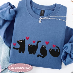 Embroidered Valentine Black Cats Sweatshirt or Hoodie, Cute Cats and Hearts Pullover for Women