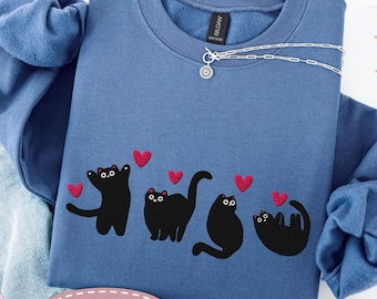 Embroidered Valentine Black Cats Sweatshirt or Hoodie, Cute Cats and Hearts Pullover for Women