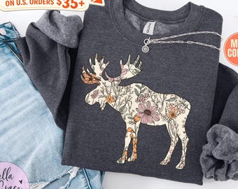 Wildflower Moose Sweatshirt Hoodie, Floral Moose Silhouette Sweater, Rustic Nature Lover Gift, Outdoorsy Aesthetic Pullover, Wildlife Shirt
