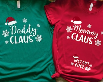 Couples Christmas Pregnancy Announcement Shirts: Daddy Claus Mommy Claus Matching Tees