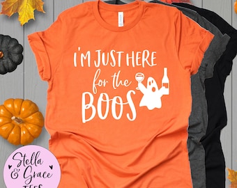 Funny Halloween Wine Shirt: Ghost with Wine - "I'm Just Here For The Boos"