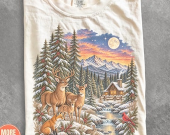 Camiseta navideña de animales salvajes Comfort Colors®, camiseta de animales del bosque invernal, camiseta navideña de naturaleza de inspiración vintage