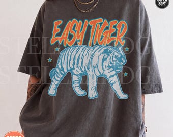 Easy Tiger Retro Distressed Comfort Colors® T-Shirt: Trendy 80s Tiger Graphic Tee