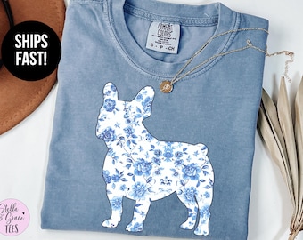 Blue Toile French Bulldog Comfort Colors T-shirt: Cottagecore Dog Mom Tee