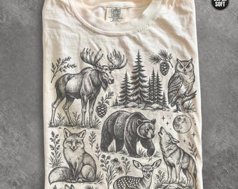 Woodland Wildlife Comfort Colors®  T-Shirt, Tattoo Style Animal Tee, Vintage Inspired Nature Shirt, Forest Lover Gift