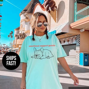Funny French Bulldog Comfort Colors® T-Shirt: Emotional Support Potato Retro Frenchie Dog Mom Tee, Personalized French Bulldog Shirt ISLAND REEF