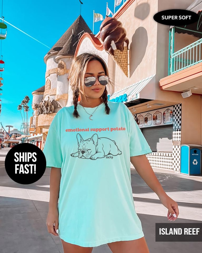 Funny French Bulldog Comfort Colors® T-Shirt: Emotional Support Potato Retro Frenchie Dog Mom Tee, Personalized French Bulldog Shirt ISLAND REEF