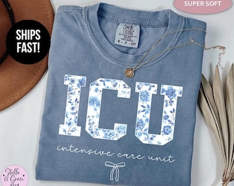 ICU Nurse Comfort Colors® Shirt, Floral Blue Toile Intensive Care Unit Tee, ICU Critical Care Nurse Gift, Nursing Apparel