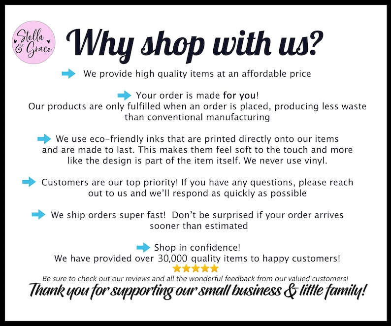 May include: White background with text that reads "Why shop with us?" and bullet points explaining the benefits of shopping with the seller. Includes the seller's logo and a thank you message.