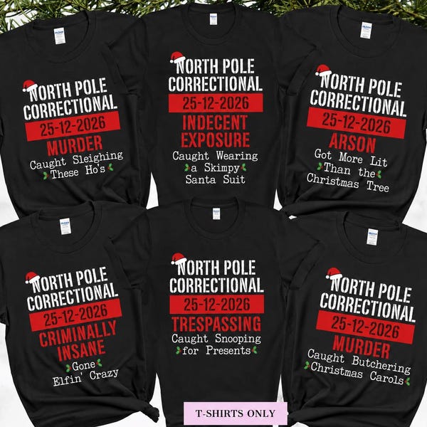 North Pole Correctional Christmas Pajama Tees | Funny Matching Inmate Family Holiday Shirts